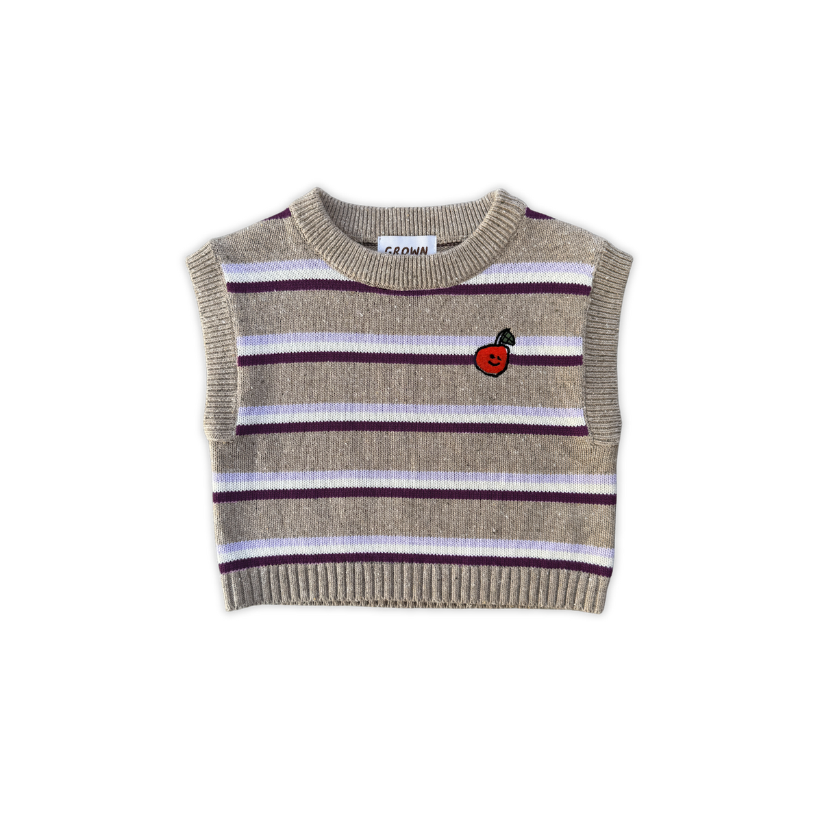 Organic Stripe Apple Embroidery Knit Vest - Oatmilk