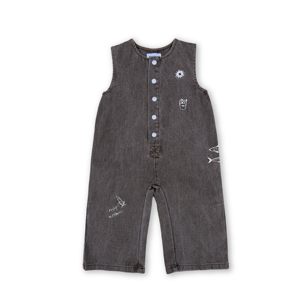 Cotton Washed Denim Fish Embroidery Jumpsuit - Ash