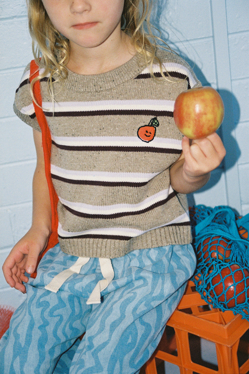 Organic Stripe Apple Embroidery Knit Vest - Oatmilk