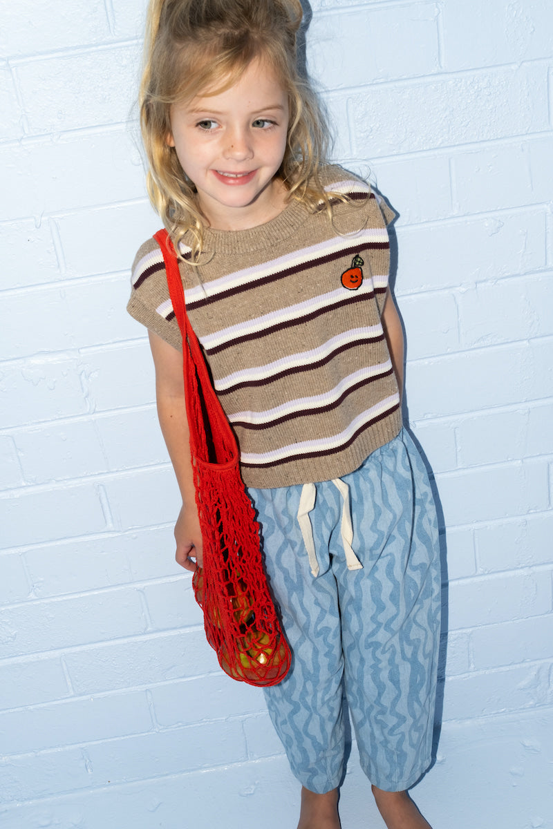 Organic Stripe Apple Embroidery Knit Vest - Oatmilk