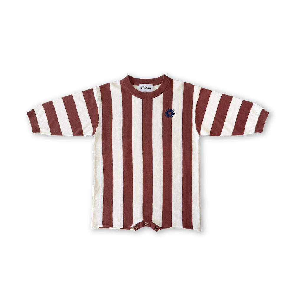 Organic Knitted Yarn Dyed Stripe Romper - Maroon