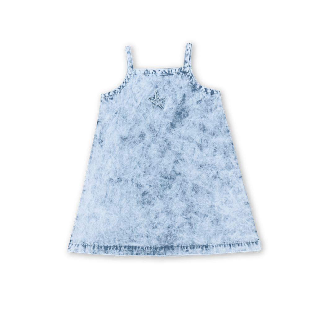 Cotton Washed Denim Starfish Embroidery Splash Dress
